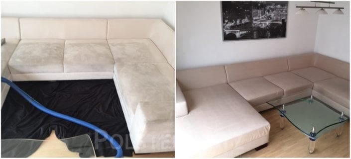 Vorher-Nachher Bild Polsterreinigung weiß Sofa Couch
