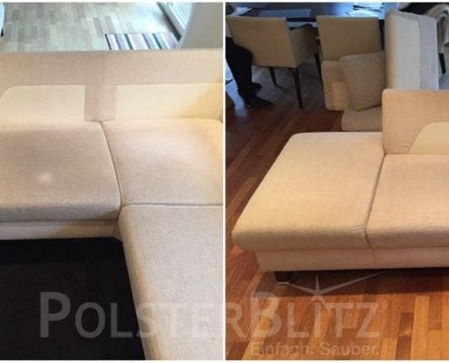 Vorher-Nachher Bild Polsterreinigung weiße Sitzpolster Couch