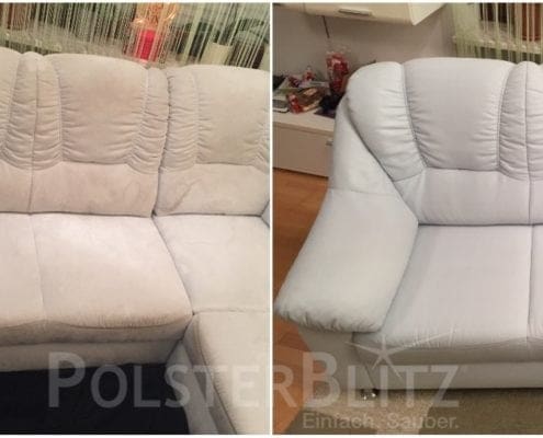 Vorher-Nachher Bild Polsterreinigung weiße Couch