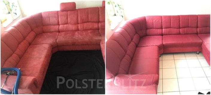 Vorher-Nachher Bild Polsterreinigung rote Couch