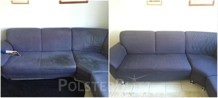 Vorher-Nachher Bild Polsterreinigung blaue Eck-Couch