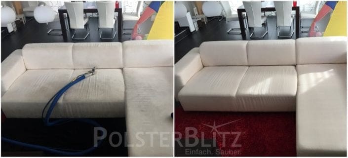 Vorher-Nachher Bild Polsterreinigung weiße Eck-Couch