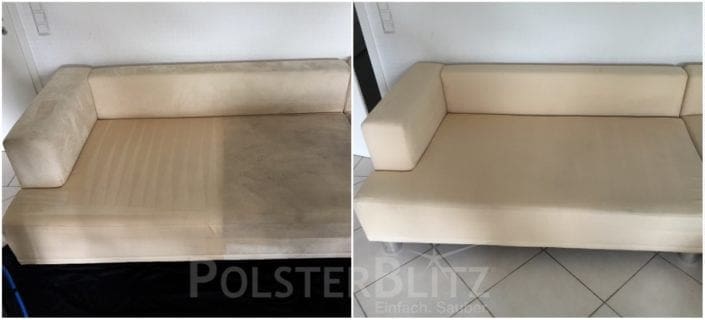 Vorher-Nachher Bild Polsterreinigung helles Sofa