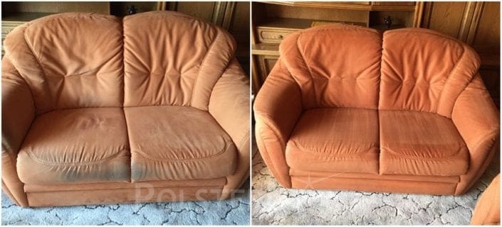 Vorher-Nachher Bild Polsterreinigung orange Sofa