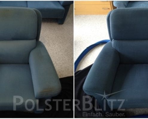 Vorher-Nachher Bild Polsterreinigung blauer Sessel Polster