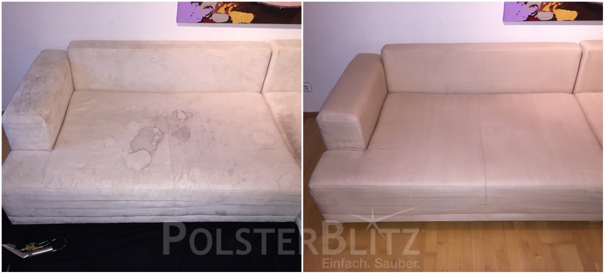 Vorher-Nachher Bild Polsterreinigung helles Sofa