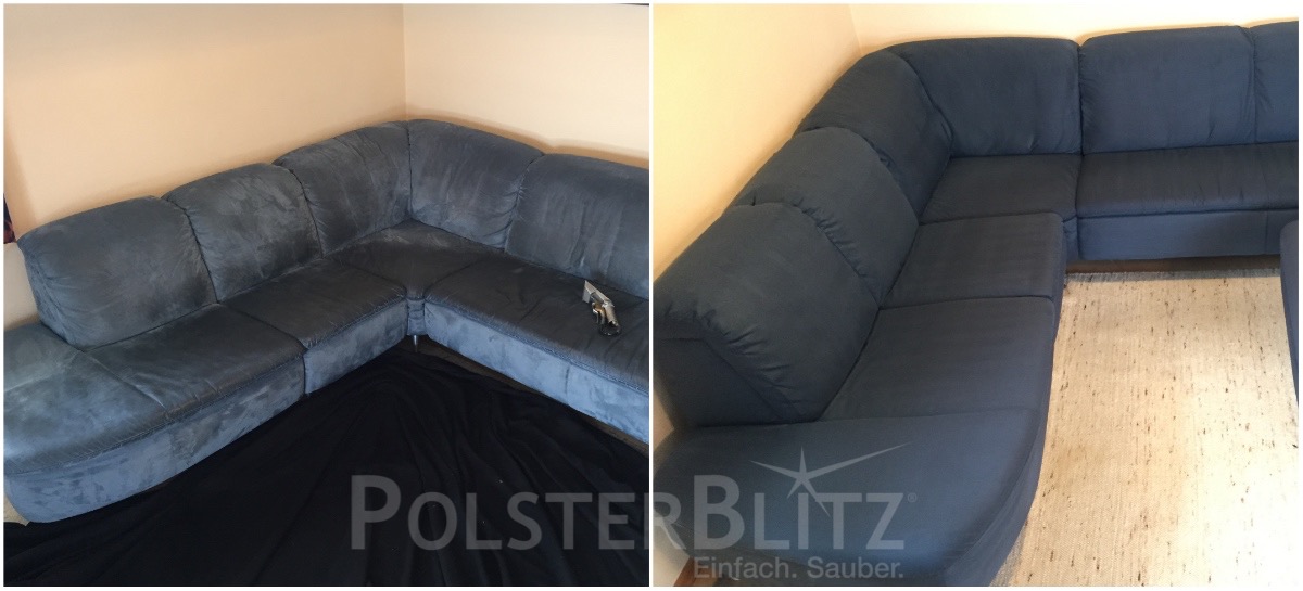 Vorher-Nachher Bild Polsterreinigung große blaue Eckcouch