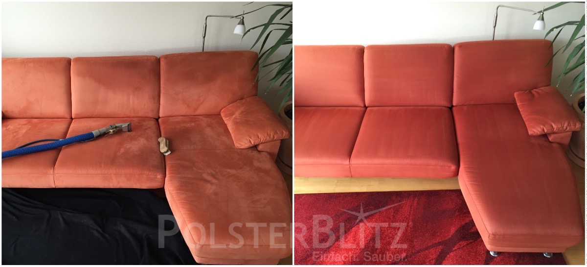 Vorher-Nachher Bild Polsterreinigung rotes Sofa