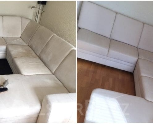 Vorher-Nachher Bild Polsterreinigung weiße Couchgarnitur