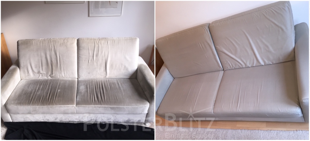 Vorher-Nachher Bild Polsterreinigung weißes Sofa