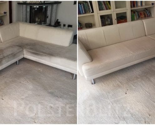 Vorher-Nachher Bild Polsterreinigung weiße Couch