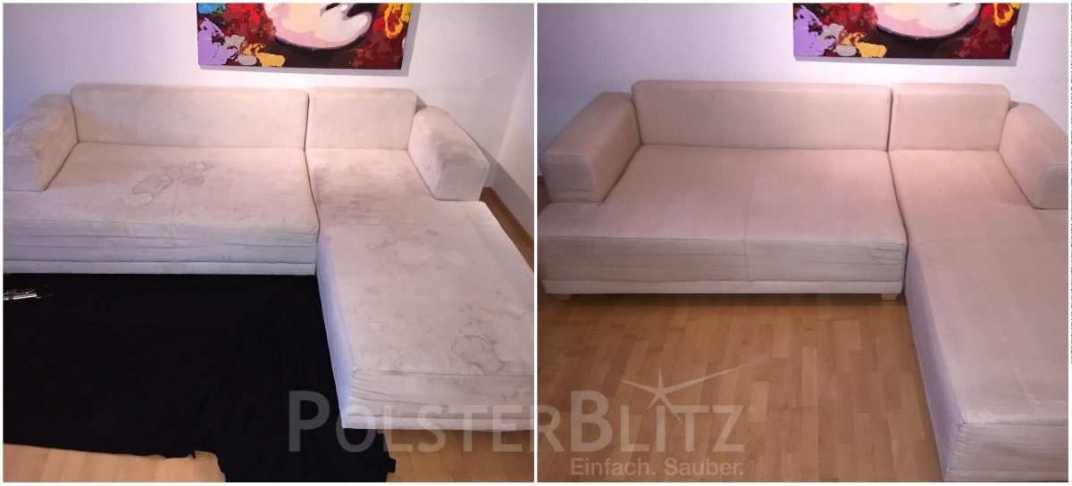 Vorher-Nachher Bild Polsterreinigung weiße Couch Eck