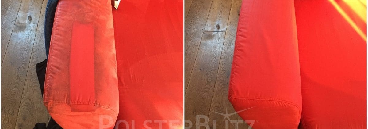 Vorher-Nachher Bild Polsterreinigung rot Polster