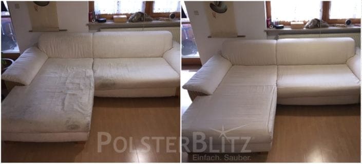 Vorher-Nachher Bild Polsterreinigung weiße Couch Polster