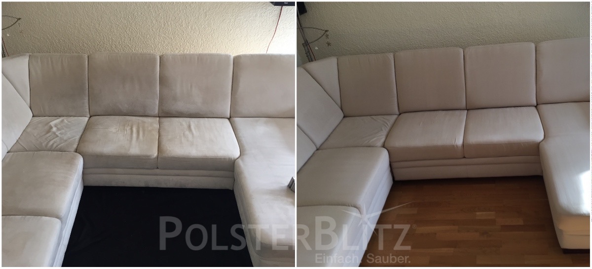 Vorher-Nachher Bild Polsterreinigung weiße Couch