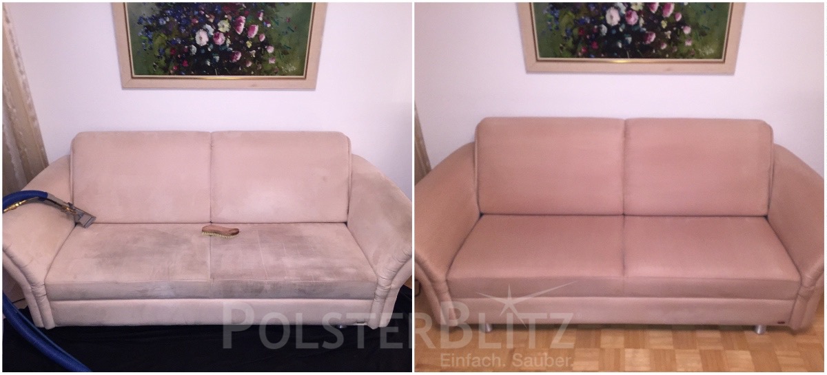 Vorher-Nachher Bild Polsterreinigung helles Sofa
