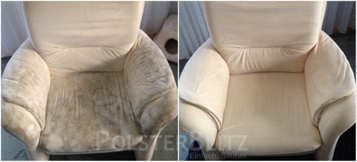Vorher-Nachher Bild Polsterreinigung weißer Sessel sauber