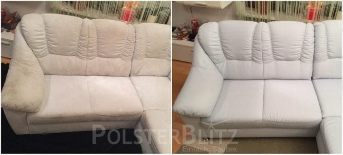 Vorher-Nachher Bild Polsterreinigung weiße Eckcouch