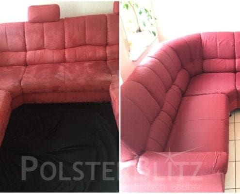 Vorher-Nachher Bild Polsterreinigung rote Eckcouch