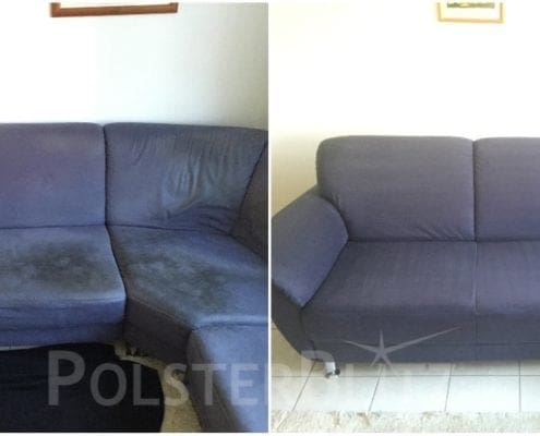 Vorher-Nachher Bild Polsterreinigung blaue Eckcouch