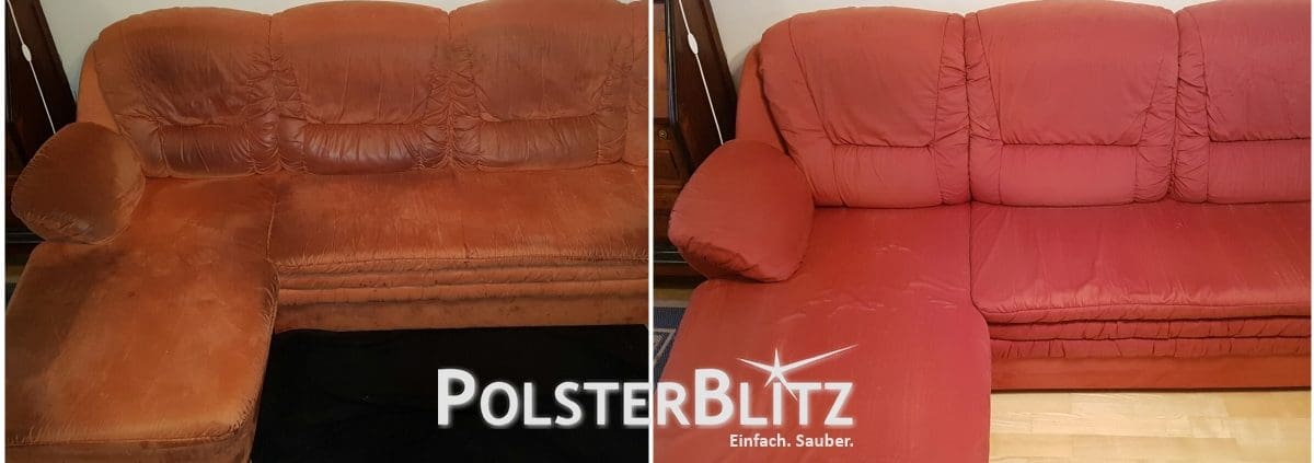 Vorher-Nachher Bild Polsterreinigung rote Eckcouch
