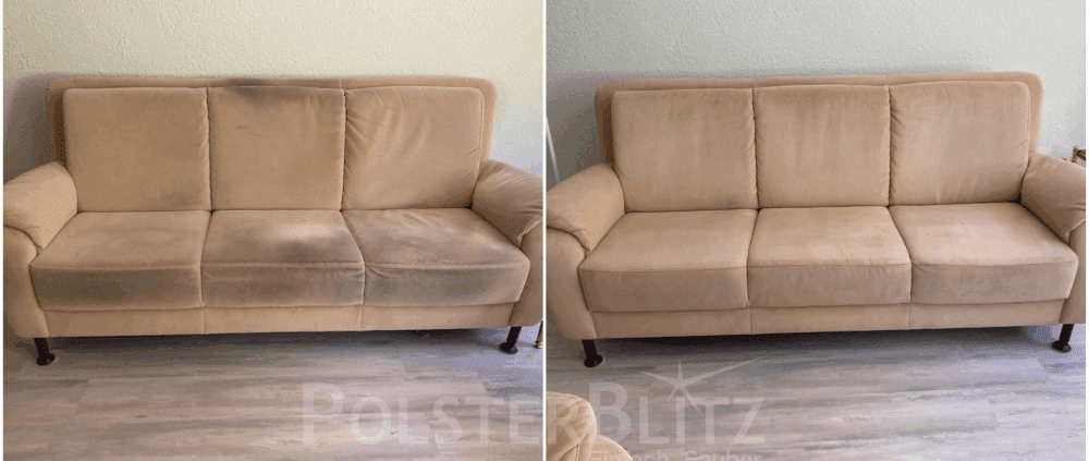 Vorher-Nachher Sofa Reinigung Stuttgart – beiges Sofa professionell gereinigt von Polsterblitz