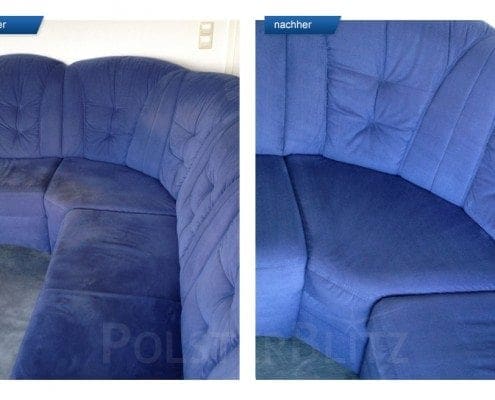 Vorher-Nachher Bild Polsterreinigung blaue Couch